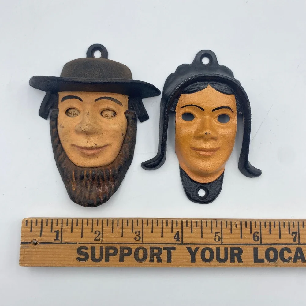 Vintage Amish Couple Cast Iron Wall Mount Bottle Opener Set Moving Eyes Painted